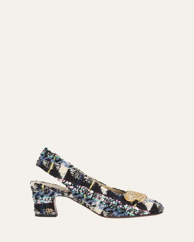 Adamantine Shiny Tweed Slingback Pumps